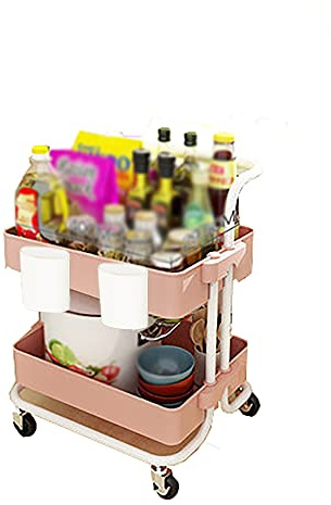 Carrello multiuso a 2 ripiani con ruote, multifunzione, per ufficio, cucina, bagno, include tazze da appendere, elegante design rosa