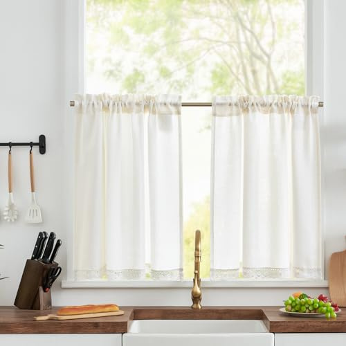 TOPICK Scheibengardinen modern Bistrogardinen 2er Set Küchenvorhang Landhausstil Küchengardinen Fenstergardinen, H60xB90 cm Küchenvorhänge Leinenoptik Wohnzimmer Lichtfilterung Gardinen Kurz Weiß
