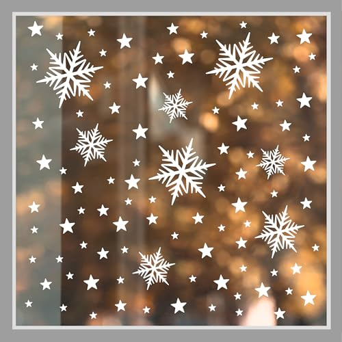94 Fensteraufkleber f. Weihnachten, Fensterbilder wiederverwendbar | Schneeflocken & Sterne in weiß, statisch haftend, als Winter- & Weihnachtsdeko