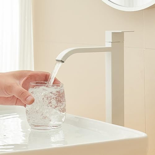 Mitigeur Lavabo Haut Blanc Cascade Robinet Lave Main Eau Froide G1/2 Robinet Vasque a Poser Monotrou,Blanc