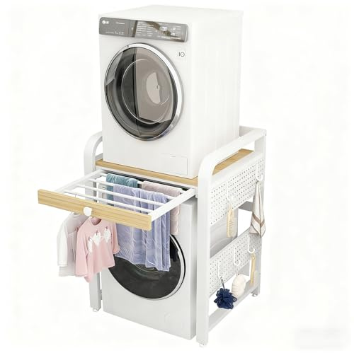 Soporte Secadora Sobre Lavadora Kit Union Lavadora Secadora Con Panel Perforado Y Percha Retráctil Capacidad De Carga 200 Kg Ideal Para Lavanderías Apartamentos Dormitorios Y Bal WhiteFrame+WalnutTop