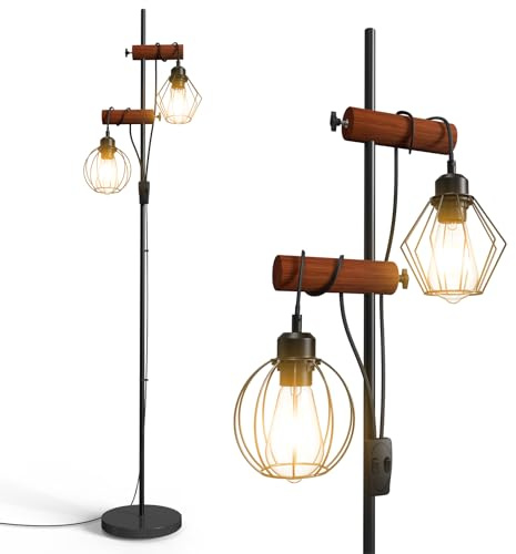 PULUOMIS Floor Lamp, Industrial Floor Lamps for Living Room, Standing Lamps with Wire Cage Lampshade, Standard Tall Lamp with 2 Light for Bedroom, Bulb Not Included, Black