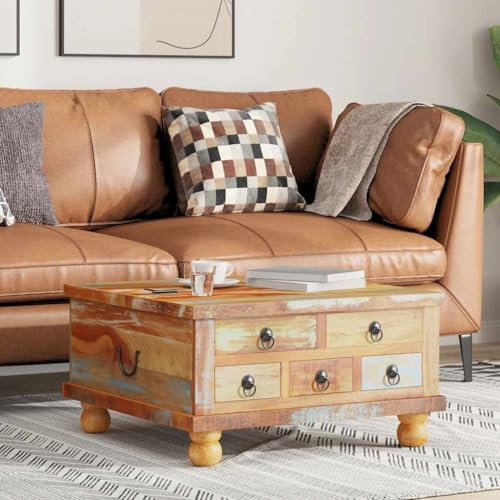 Refined Raues Mangoholz Couchtisch mit 5 Schubladen 1 Staufach Vintage Beistelltisch Wohnzimmertisch Kaffeetisch Sofatisch 70x70x40cm (Mehrfarbig)