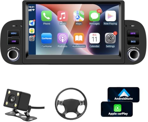 Autoradio Fiat Panda 2013-2020 con Android Auto y CarPlay Inalámbrico, 7 Pantall Radio Coche Bluetooth Estéreo IOS Android con FM GPS Navegación USB Cámara Trasera Mic Reproductor Multimedia