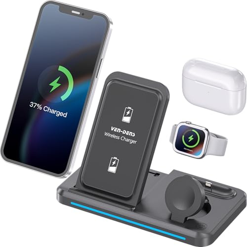 VEN-DENS 3-in-1 Wireless Charging Station, Fast Wireless Charger for iPhone | Apple Watch & AirPods, Night Light LED, Qi Certified, Black Foldable – VD-WLC016