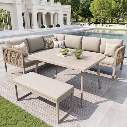Moimhear Juego de muebles de jardín, con cojín y cojín para la espalda, sillón de jardín para 6-8 personas, juego de tapicería de ratán sintético trenzado a mano (beige)