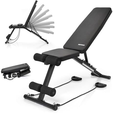 meteor Multifunktionale Hantelbank klappbar verstellbar bis 200 kg Fitnessbank Trainingsbank Schrägbank für Ganzkörpertraining mit Widerstandsbändern für Zuhause und die Wohnung kompakt platzsparend