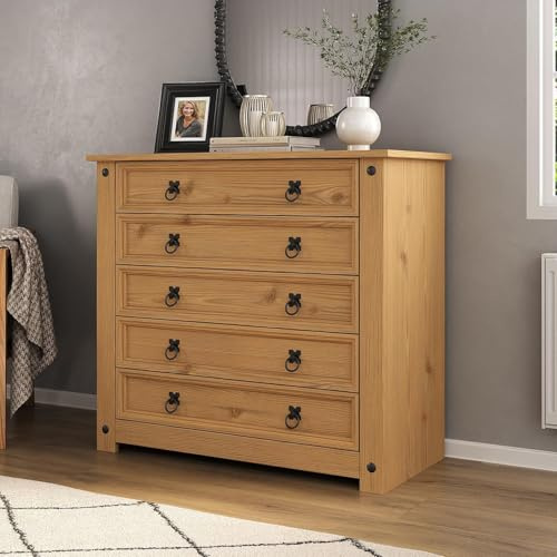 Mews Corona Chest of Drawers 5 Drawer Mexican Solid Pine Distressed Waxed Finish for Bedroom Country Rustic