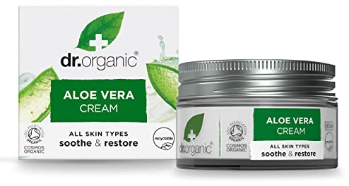 Dr Organic Aloe Vera Creme, Beruhigend, Für Männer und Frauen, Alle Hauttypen, Natürlich, Vegan, Tierversuchsfrei, Paraben- & SLS-frei, Plastikfrei, Recycelt & Recyclebar, Zertifiziert Bio, 50ml