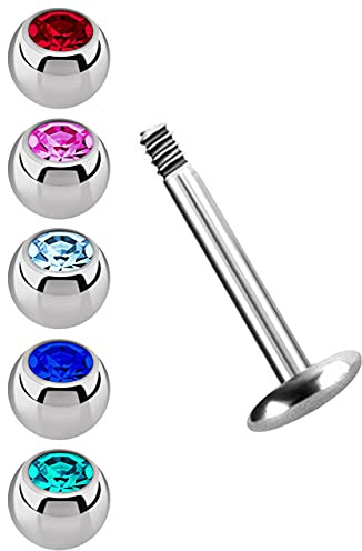 Stahl Piercing Set, EIN Labret, 4 mm Platte in 1,2 mm mit 5 farbigen Kugeln in 3 mm