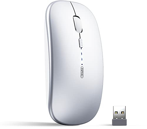 Ratón Bluetooth Inphic recargable inalámbrico Tri-Mode (Bluetooth 5.0/3.0+2.4ghz) con clic ultra delgado y silencioso, 1600dpi 3 Ratón óptico portátil ajustable para PC, MacBook Ipad Os Plata