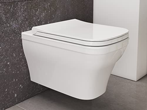 Aqua Bagno | Hänge-WC Firo mit Softclose-Funktion, spülrandlos, eckige Toilette aus Keramik, Tiefspüler | 53,5 cm lang