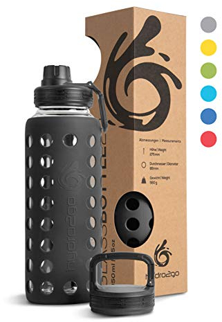 hydro2go Bottiglia d'Acqua in Vetro con Manico in Silicone – 100% Senza Perdite, Senza BPA, Lavabile in Lavastoviglie, 2 Coperchi Sostituibili – Perfetta per Office e Sport (Onyx Black 2.0) – 950 ml