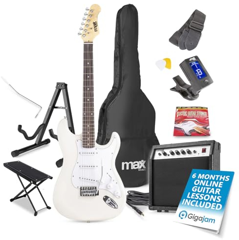 Max Gigkit White Electric Guitar Starter Pack - Complete Beginner Electric Guitars Kit with Amplifier, Guitar Stand, Footstand & 6 Months Lessons - Ideal for Beginner Guitars