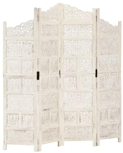 vidaXL Biombo 4 Paneles Tallado a Mano Divisor Pantalla Separador Dormitorio Salón Oficina Despacho Sala de Estar Decoración Blanco Madera Mango