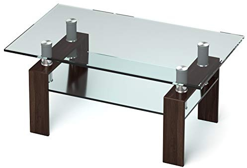 CASART Tempered Glass Coffee Table, Rectangle Side End Table with 2-Tier Storage Shelves, Modern Sofa Tea Table Living Room Furniture, 100 x 60 x 45cm (Coffee)