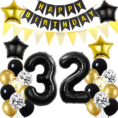 Hopewey 32. Geburtstag Dekoration Schwarz, 32 Ballon Set mit 56 Stück, Stern und Nummer, Unisex, Erwachsene, 32. Geburtstag