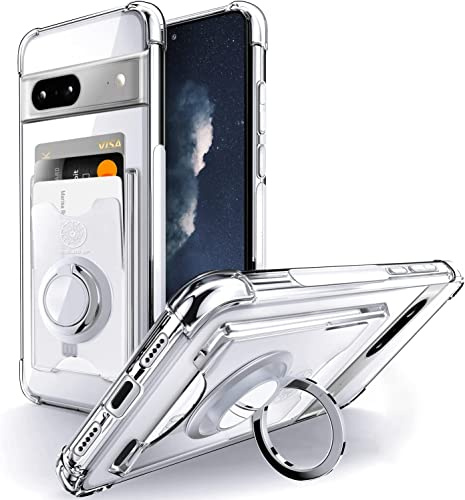 SHIELDS UP for Pixel 7 Case with Card Holder & Ring Stand. | Wallet Minimalist Case, Transparent Slim Shockproof TPU Bumper Cover for Pixel 7 - Clear