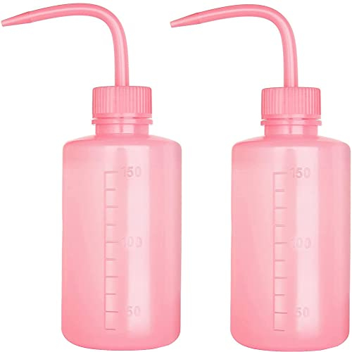 APUXON 2pcs 150ml 5Oz Narrow Mouth Squeeze Bottle Pink, Medical Lab Plastic, No Spill, Bend Mouth, Watering Cans