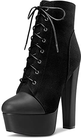 NobleOnly Donna Chunky Blocco Piattaforma Alto High Tacco Heel Rotonda Punta Lacci Cerniera Stivaletti Classico Scarpe Nero 38 EU