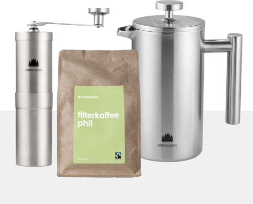 Groenenberg Spar Set 3 | Filter Kaffeebohnen 250g (Bio) + French Press Thermo + Edelstahl Kaffeemühle manuell