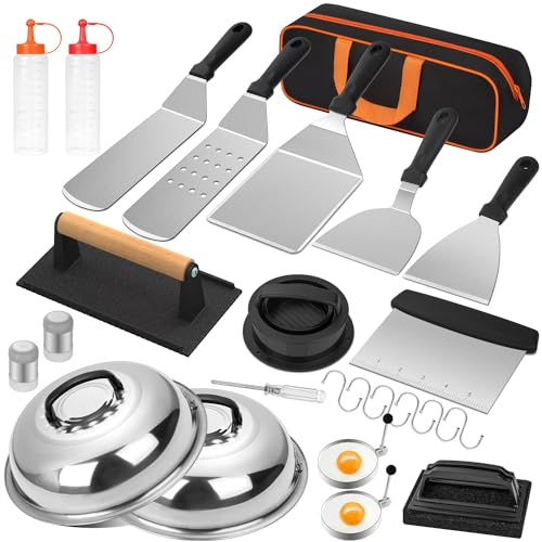 Griddle Accessories Kit, 25PCS Flat Top Grill Accessories Set for Blackstone and Camp Chef, Grill Spatula Set with Enlarged Spatulas, Basting Cover, Scraper, Carry Bag for Outdoor BBQ