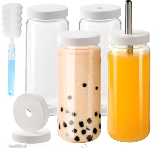 YBCPACK 4 Pack 500ml Glass Juice Bottles with Lids and Straws - Food Grade Glass Drinking Bottle Ideal for Refreshing Iced Coffee, Smoothie, Boba and Bubble Tea