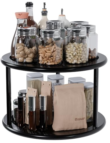 Exabang Drehteller 2 Etagen Gewürzregal, Durchmesser 25cm (Schwarz) | Gewürz Küche Schrank Organizer, Gewürzgläser Organizer, Für Küchen, Schrank, Speisekammer, Arbeitsplatte