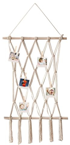 Makramee Wandbehang Fotowand Foto Hängendes Seil DIY Bilderrahmen Wanddekoration, Boho Gewebte Tapisserie Fotoseil Mit Quaste Und Holzklammern Für Wohnkultur Hochzeitsfeier Fotoleine Girlande (Stil B)