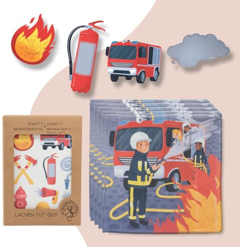 Feuerwehr Kindergeburtstag Deko für Mädchen und Jungen, fröhliche Girlande, buntes Konfetti und niedliche Servietten - Plastikfrei (Feuerwehr) - produziert in der EU