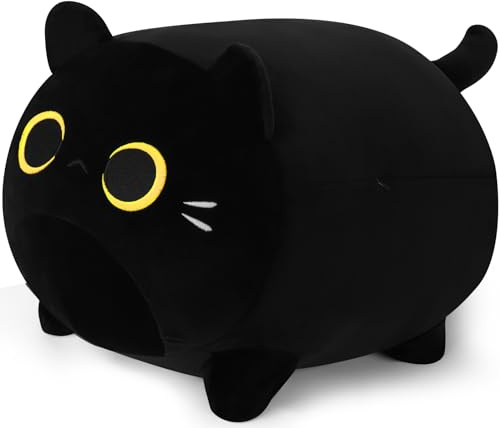 11.8 inch Black Cat Plush Pillow Stuffed Kitten Soft Plush Toy Golden Eyes Kitten Plushie Pillows Stuffed Black Cat Hugging Pillow Home Halloween Decor, Birthday Gift Children’s Gift for Unisex