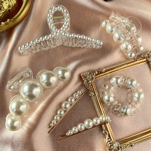GQLV Pearl Hair Accessories for Women/Girls - 6PCS Large Hair Claws, Nonslip Decorative Bobby Pins, Spiral Ties for Thick/Thin Hair, Wedding Gifts (A-pearl)