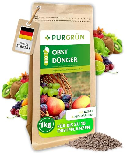 Purgrün® Bio-Obstdünger 1 kg – Organisch-mineralische Rezeptur – Feinkörniges Krümelgranulat – NPK 6+4+5 – Mit Magnesium für süßes Früchte – Verbessert die Bodenqualität mit Mykorrhiza & Kohle