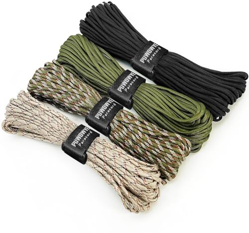 PUWOWYE 40m Paracord 4mm, 4 Stück 33ft Type III Paracord Schnüre Seil 7 Kern-Strängen, Nylonseil Paracord aus reißfestem 100% Nylon, Hält bis zu 250kg, Ideal für Outdoor Survival Camping, 132ft