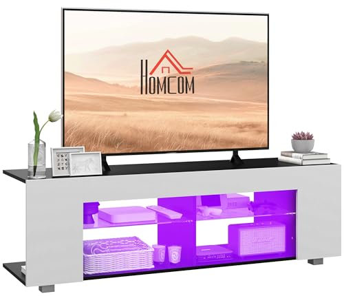HOMCOM 145 cm TV Stand for TVs up to 60 Inches, TV Unit with Glass Shelves and LED Light, Modern Entertainment Centre for Living Room, White