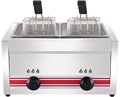 Freidora de gas de gran capacidad de acero inoxidable para uso doméstico y comercial, potencia de fuego ajustable con cestas y tapas, perfecta para patatas fritas, donas, pescado, fácil de limpiar