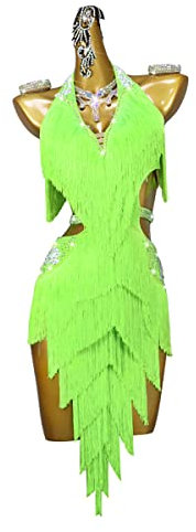 YDHTIZ Robe de compétition professionnelle à franges pour femme - Col en V - Broderie - Pompon - Pour salle de bal, vert, Taille L