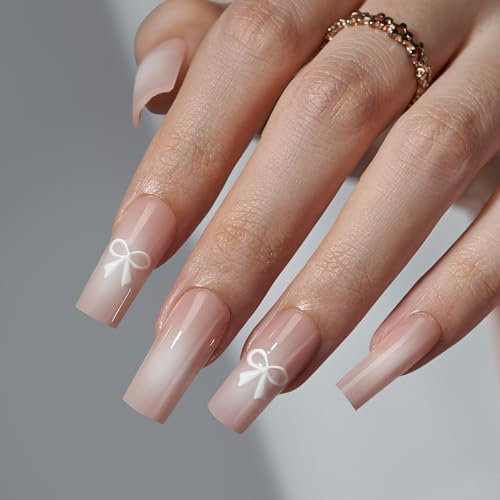 BTArtbox Press On Nails Long - Pinke Nails mit Ombre Center, Kunstnägel mit Nagelkleber, passen perfekt Stick On Nail in 15 Größen, Bowknot