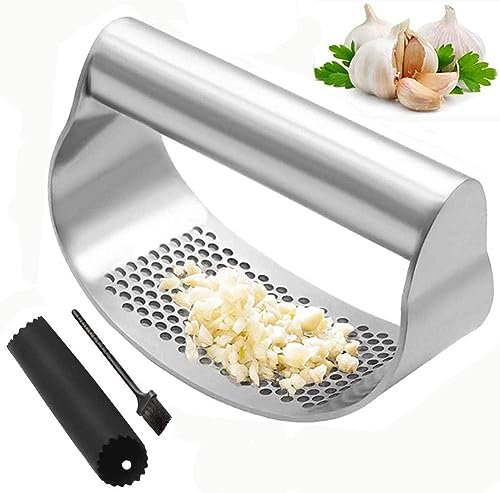 Garlic Press Garlic Crusher Kitchen Garlic Rocker | 304 Stainless Steel | Premium Quality, Ginger Crusher, Ergonomic Handle Garlic Peeler, Cleaning Brush, Easy to Use & Clean Kitchen Tool