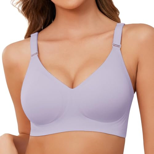 TOMEEK Bras for Women Non Wired Support Full Coverage Push up V Neck Seamless Wireless Bra Ladies Comfort Everyday Bras Zero Feel Bralettes with Pads(Purple,M)