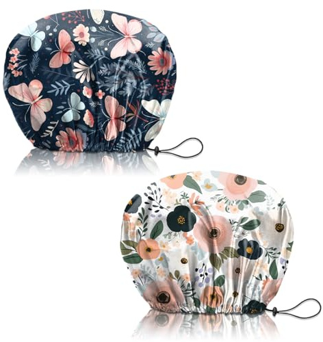Deokke Duschhaube, 2 Stück wasserdichte Doppelschicht wiederverwendbar shower cap, verstellbar, elastisch, ästhetisch, niedlich Duschhaube für Damen (Q16-Schmetterling-Blume)