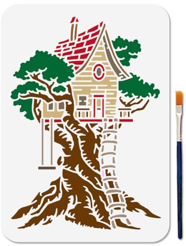 MAYJOYDIY Baumhaus Schablone 29.7 × 21cm Wiederverwendbare Baum Strickleiter Schablonen Zum Bemalen Waldhütte Kunsthandwerksvorlagen Mit Pinsel Für Fenster Holz Wand Zuhause Geschenkdekoration