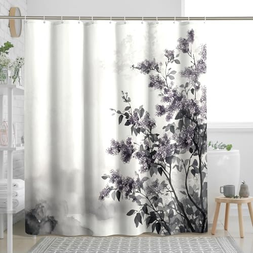 DESIHOM Paper Quilling Art Lilac Shower Curtain Set 72 W x 78 L, 3D Flower Bathroom Decor, Modern Floral Printed Fabric Bath Accessories