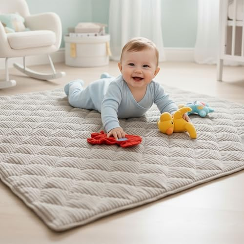 Sanosoft® Soft-Cord Krabbeldecke - rutsch- & wasserfest - Öko Tex & Made in Germany (Natur/Creme, 120x120cm)
