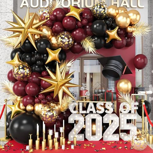 Kit d'arche de ballons noirs, bordeaux, dorés, guirlande d'arche de ballons marron, noir, doré, 98 ballons noirs et rouges métallisés avec étoiles pour anniversaires, retraite, remise de diplôme