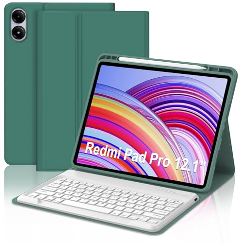 Coque Clavier pour Xiaomi Redmi Pad Pro 12.1 Pouces 2024 et Xiaomi Poco Pad | AZERTY Français Bluetooth sans Fil Détachable Étui Clavier pour Tablette Redmi Pad Pro avec Rangement de Stylet, Vert foncé