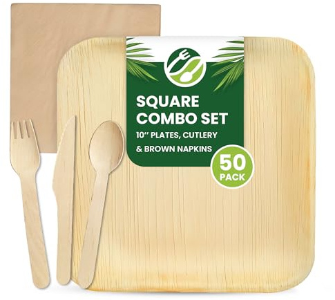 Eco Leaf 250pcs Disposable Palm Leaf Plates, Wooden Cutlery Set, Brown Napkins – 50 Large Square Plates, 50 Forks, Knives and Spoons, 50 Napkins – Eco-Friendly, Suitable for Wedding, Parties