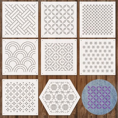 Zernblend 8 Pezzi Set di Stencil Sashiko, Modelli Geometrici in Plastica da 4.7 X 4.7 Pollici per Quilting a Mano, Cucito e Design Tessile, Lettere Stencil, Stencil per Rilievo