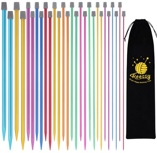 Reessy Juego de agujas de tejer de colores, 35 cm de largo, 14 pares de agujas de aluminio de 2 a 10 mm, agujas de tejer largas, agujas de tejer rectas de metal con estuche de almacenamiento suave