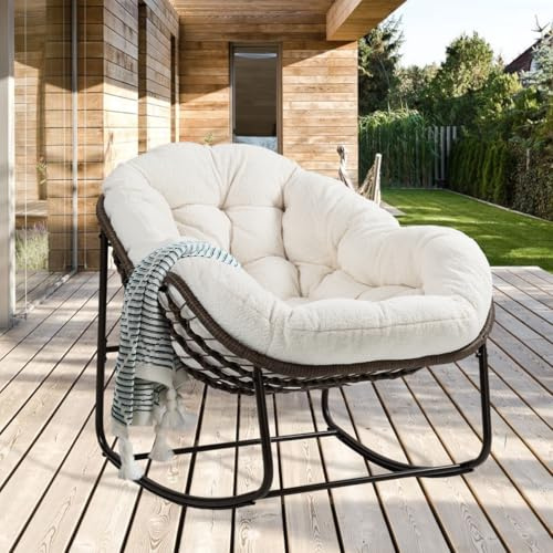 LIFEISLE Schaukelstuhl Schaukelsessel mit Rattan, Loungesessel drinnen & draußen, Ei-Schaukelstuhl für Wohnzimmer Balkon Garten Outdoor und Indoor Sherpa Fleece Weiß